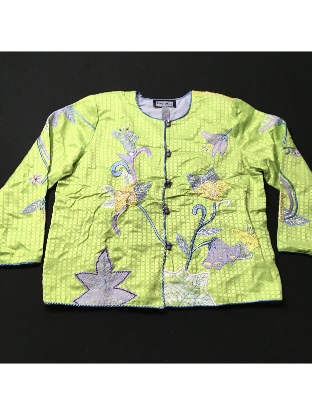 Indigo Moon Womens Blazer Jacket Medium Green Embroidered Floral Leaf Button Xl